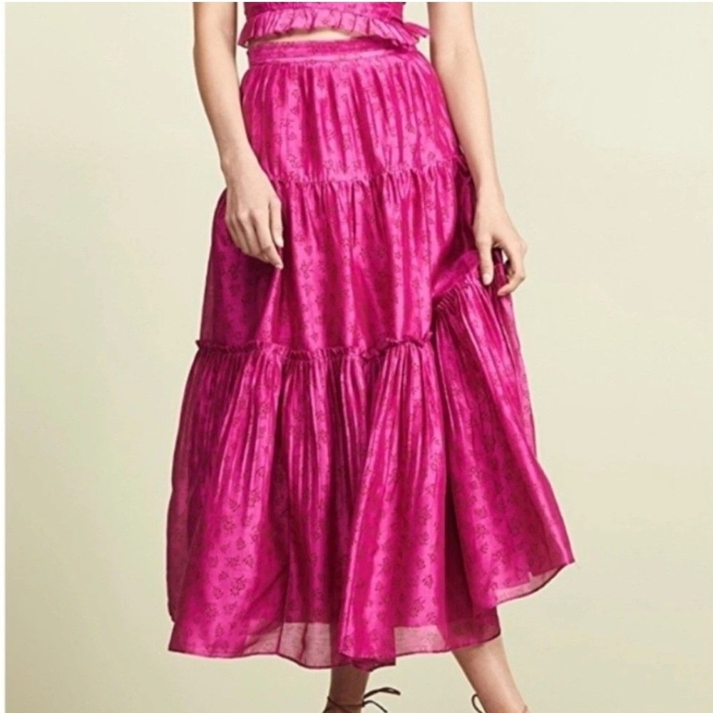 Ulla Johnson Tiered Jeune Skirt Size 2 Fuschia Pink Floral Silk Blend Voile